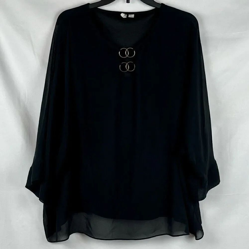 EST. 1946 Black Flowy Blouse Gold Ring Accents XL